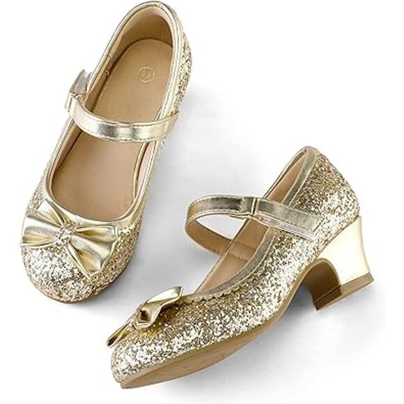 K KomForme Big Girls Size 12.5 Gold Glitter Bow Closed Toe 1.5" Mary Jane Shoes - Picture 2 of 8